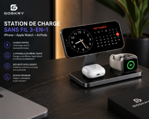 Station de Charge Sans Fil 3-en-1 Goskry – Support iPhone, Apple Watch & AirPods | Charge Rapide Magnétique